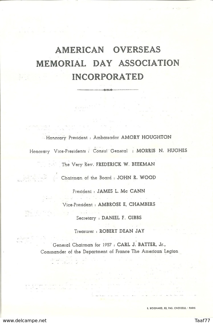 Programme De L'American Memorial Day In France - 30 Mai 1957 - Program Of Services At Saint-James (Manche) - Programmes
