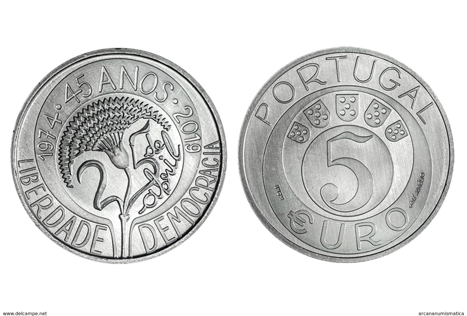 PORTUGAL 5 Euro  2.019  2019  "45.° ANIVERSÁRIO DO 25 DE ABRIL"  CU-NI  SC/UNC   T-DL-12.281 - Portugal
