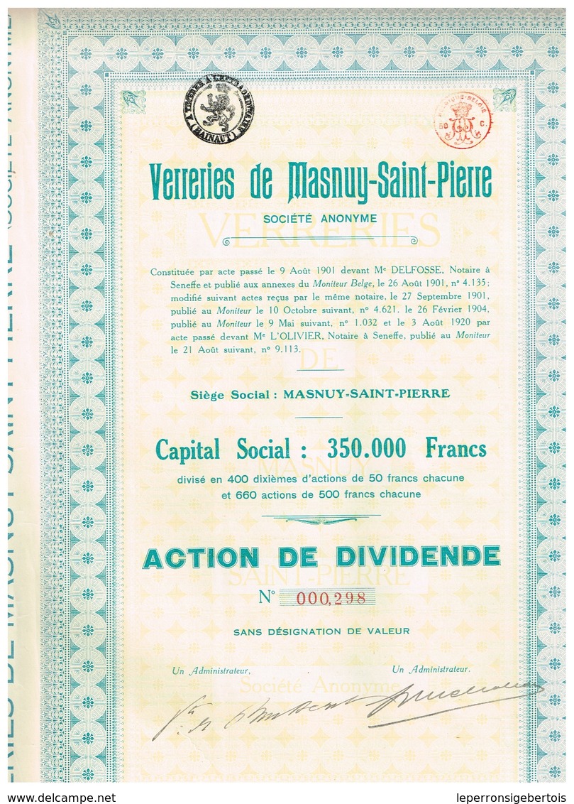 Ancien Titre - Verreries De Masnuy-Saint-Pierre -Titre De 1920 - Rare - Industrie