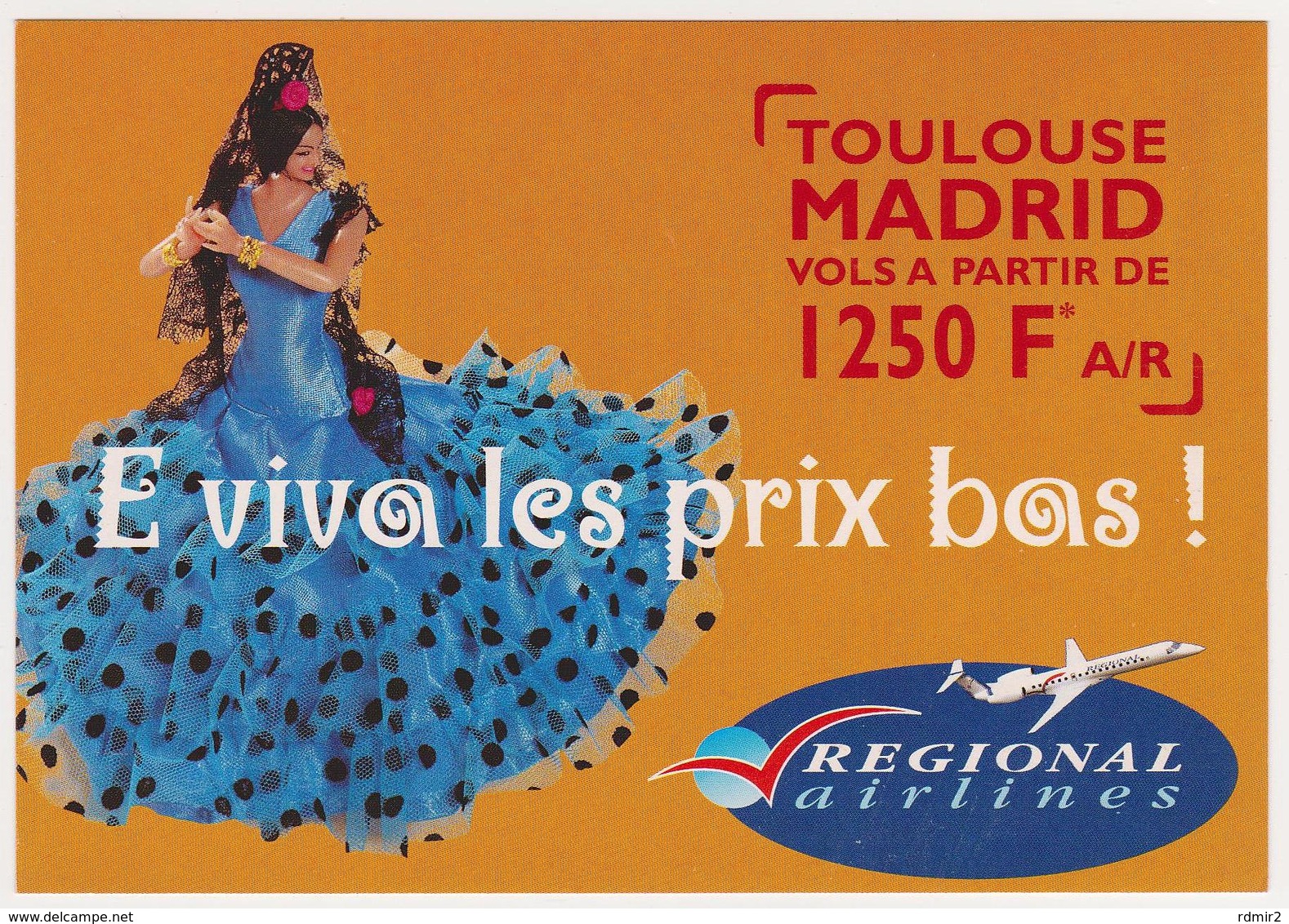 1693/ REGIONAL AIRLINES, Toulouse - Madrid (2000).- Carte Publicitaire. Advertising Card. Postañ Publicitaria. - Otros & Sin Clasificación