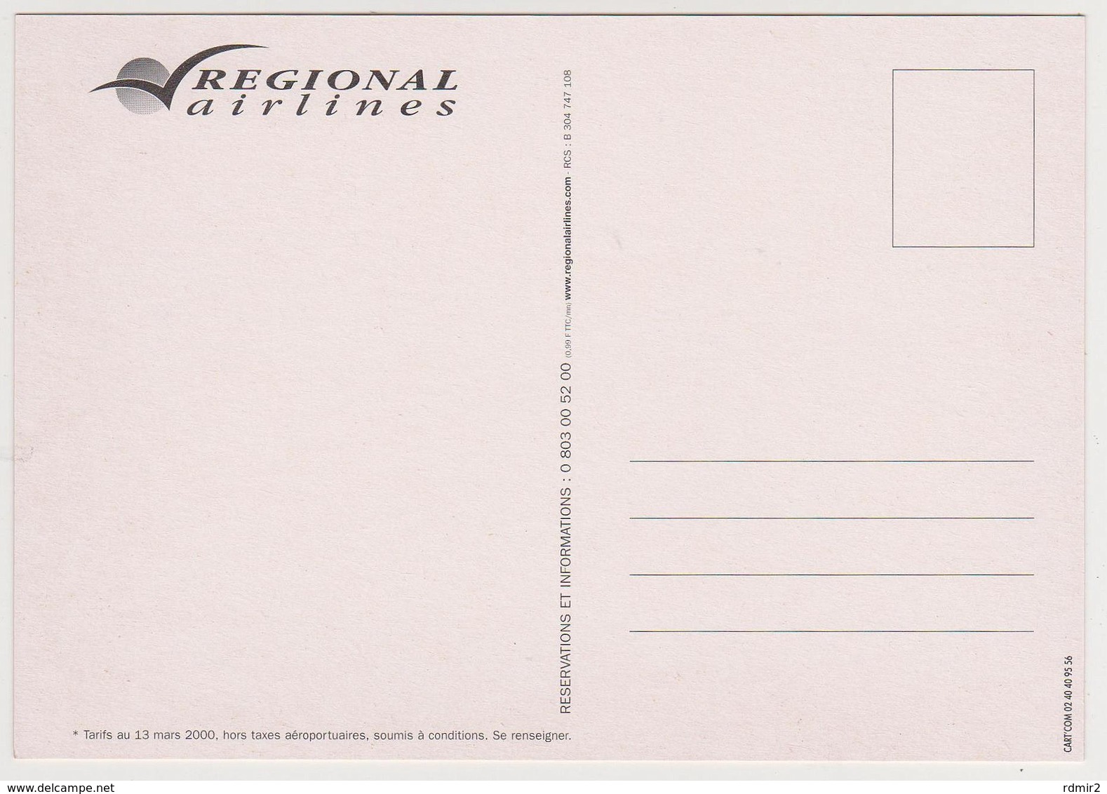 1693/ REGIONAL AIRLINES, Toulouse - Madrid (2000).- Carte Publicitaire. Advertising Card. Postañ Publicitaria. - Otros & Sin Clasificación