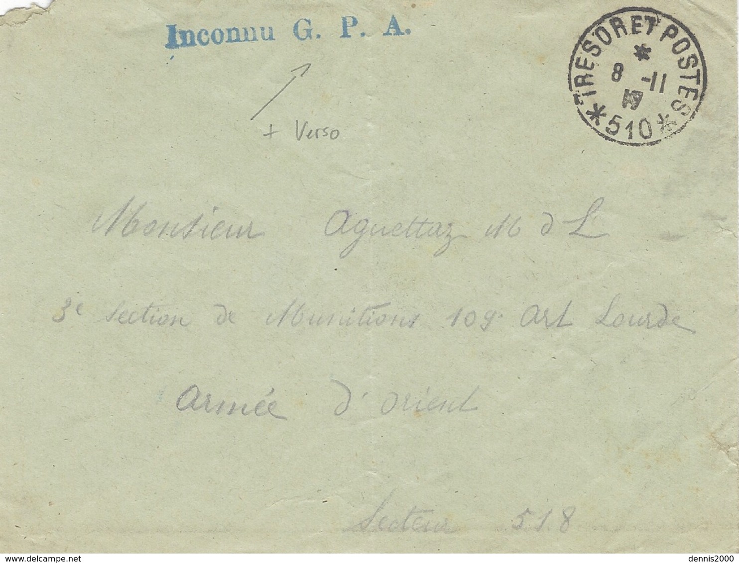 WWI- ARMEE D'ORIENT -  Enveloppe Du S P 510 Avec " Inconnu G.P.A.  Bleu " Répété Au Dos - Guerra Del 1914-18