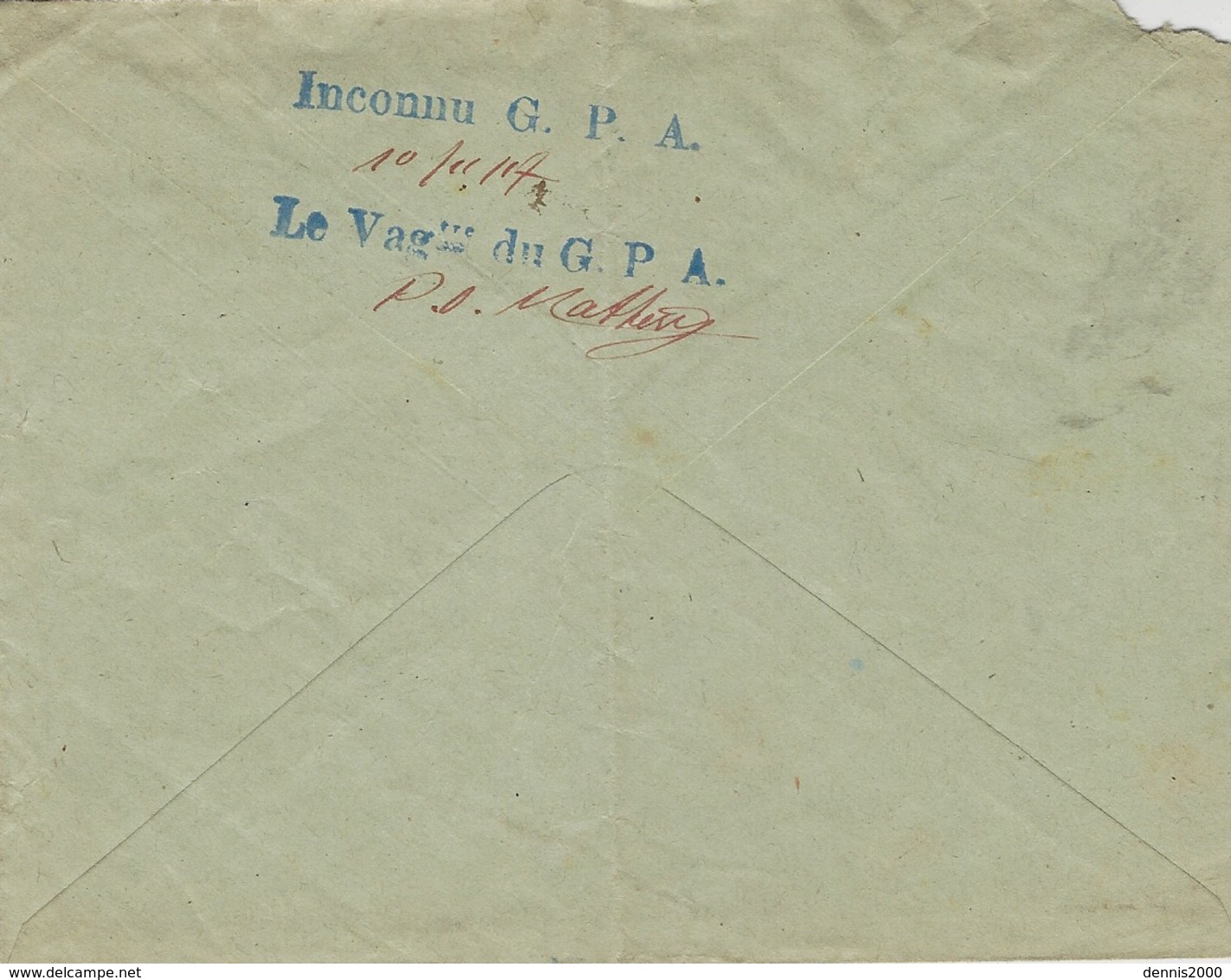 WWI- ARMEE D'ORIENT -  Enveloppe Du S P 510 Avec " Inconnu G.P.A.  Bleu " Répété Au Dos - Guerra Del 1914-18