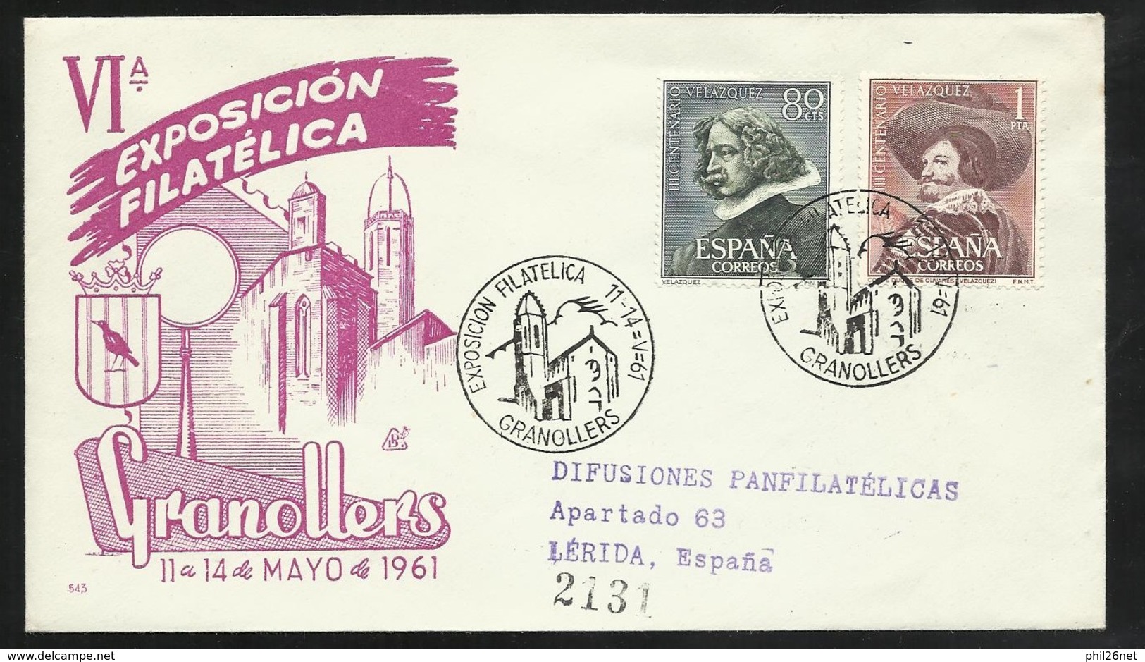 Espagne Lettre Illustrée Circulée Granollers 11-14/05/1961 Les N° 1017et1018 Exposition Philatélique Cachets +++  TB - Covers & Documents