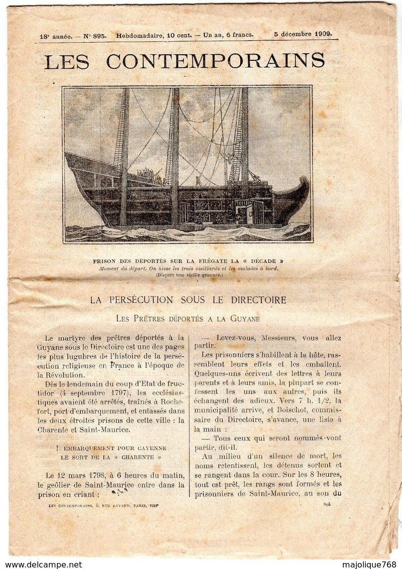 Hebdomadaire Les Contemporains N°895-05-12-1909-la Persécution Sous Le Directoire, Les Prêtres Déportés à La Guyane - - Other & Unclassified