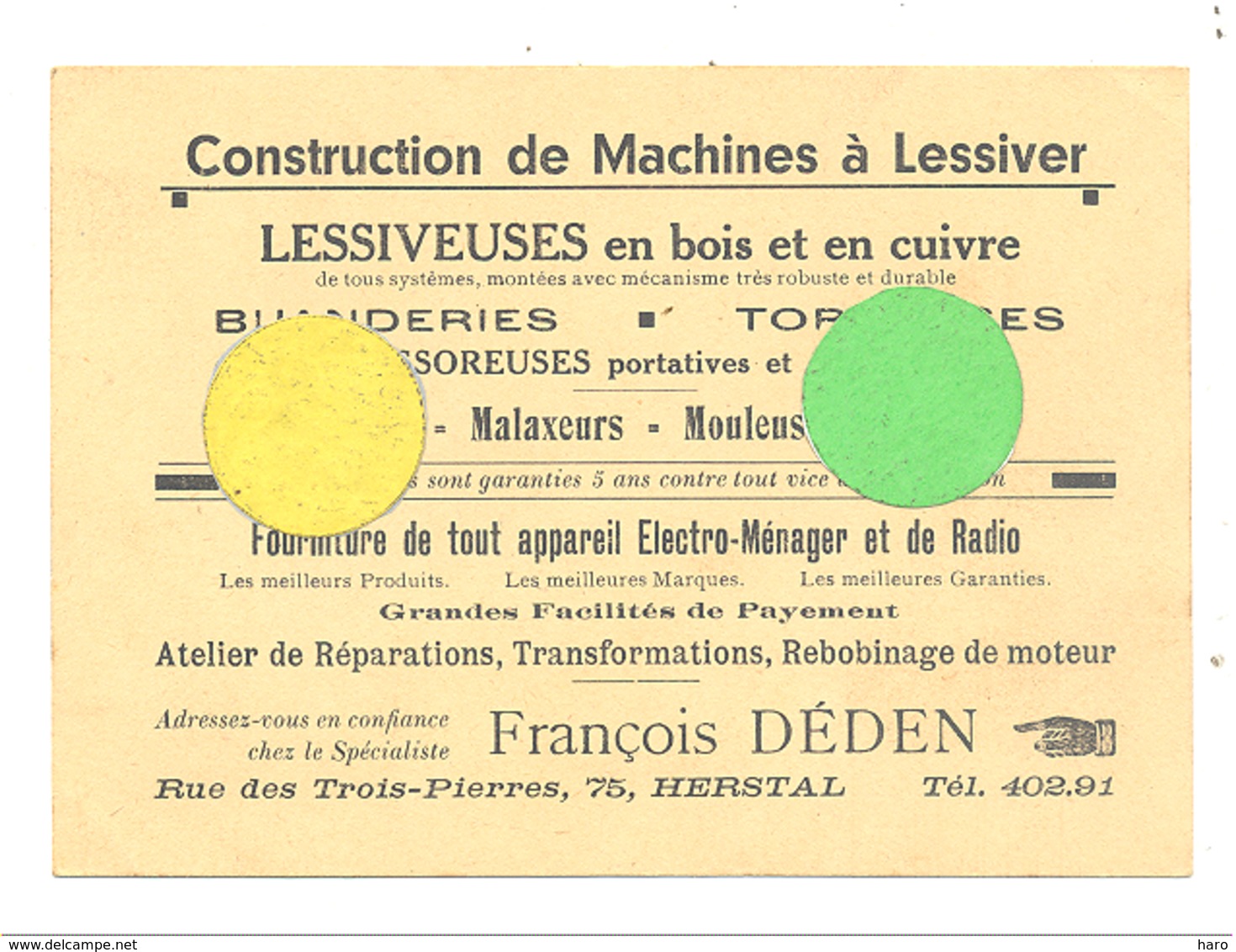 Carte  François DEDEN, Construction De Machines à Lessiver, Essoreuses,... HERSTAL 1946  (b252) - Cartes De Visite