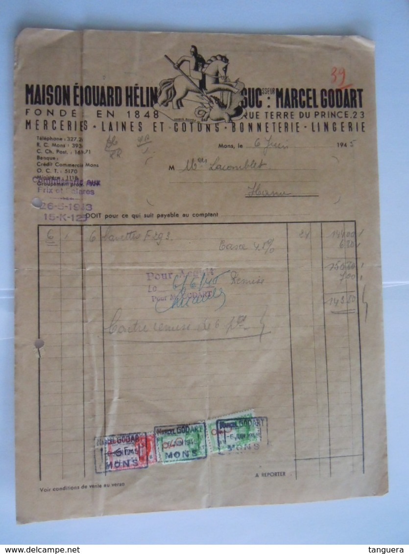 1945 Maison Edouard Hélin Suc. Marcel Godart Mons Merceries Laines Bonneterie Facture Lacomblet Hornu Taxe 6,80 Fr - Textile & Vestimentaire