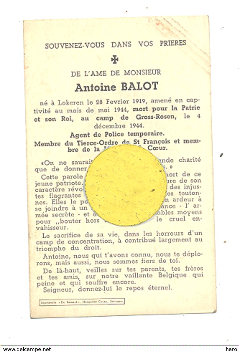 Faire-part De Décès D'Antoine BALOT Agent De Police - LOKEREN 1919/Camp De GROSS-ROSEN 1944 - Guerre 40/45 (b252) - Obituary Notices