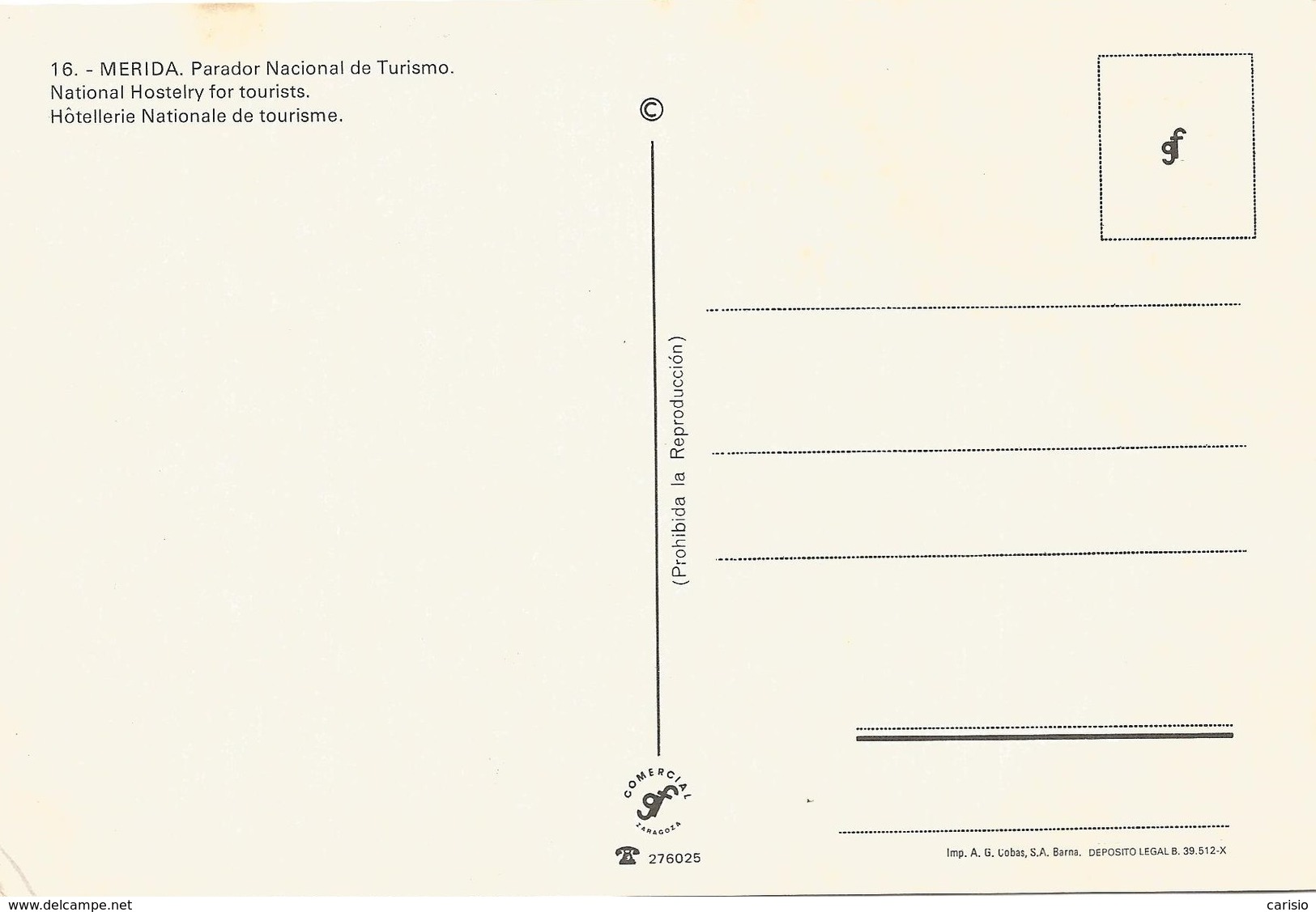 MÉRIDA TARJETA POSTAL “PARADOR NACIONAL DE TURISMO”. ED. COMERCIAL GF - Mérida