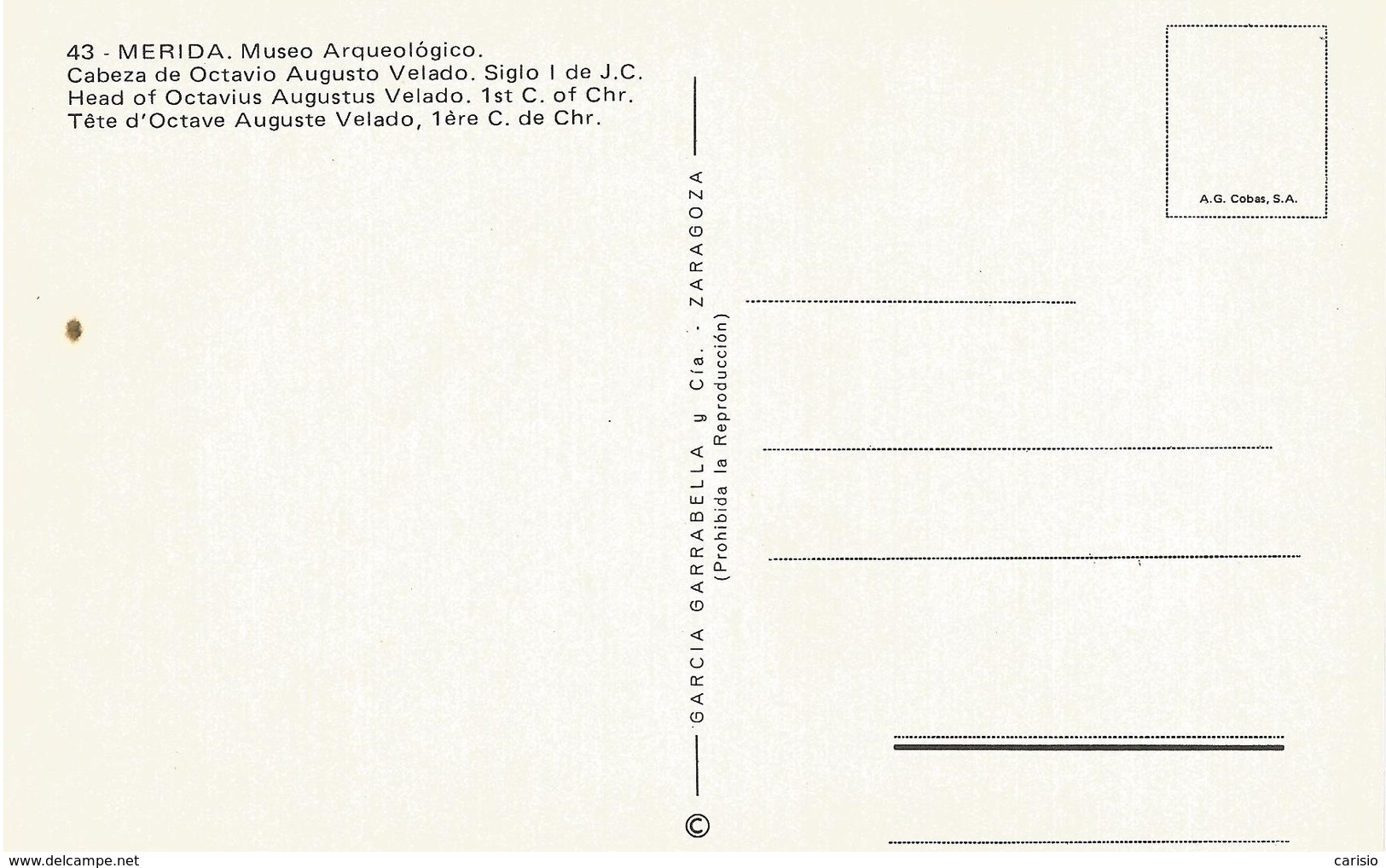 MÉRIDA TARJETA POSTAL “CABEZA DE OCTAVIO AUGUSTO VELADO”. ED. GARCÍA GARRABELLA - Mérida