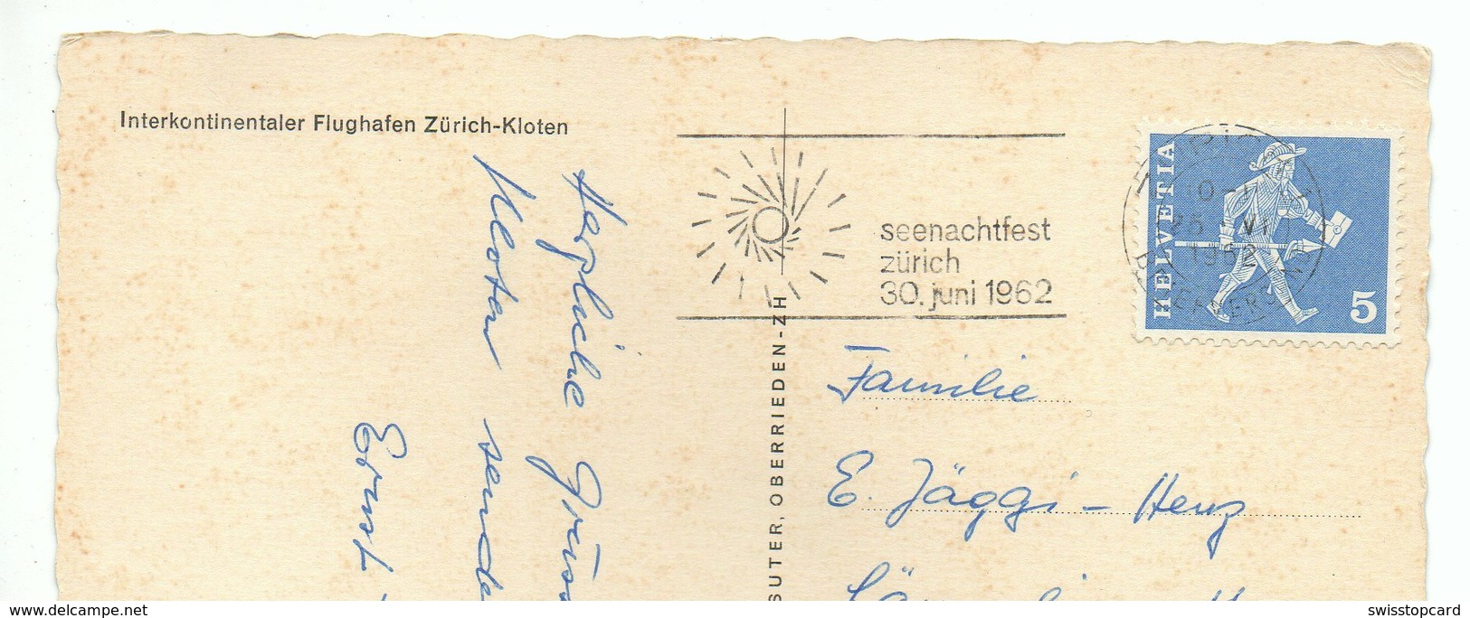 ZÜRICH-KLOTEN Flughafen Flugzeug Swissair Stempel Seenachtfest 30. Juni 1962 - Kloten