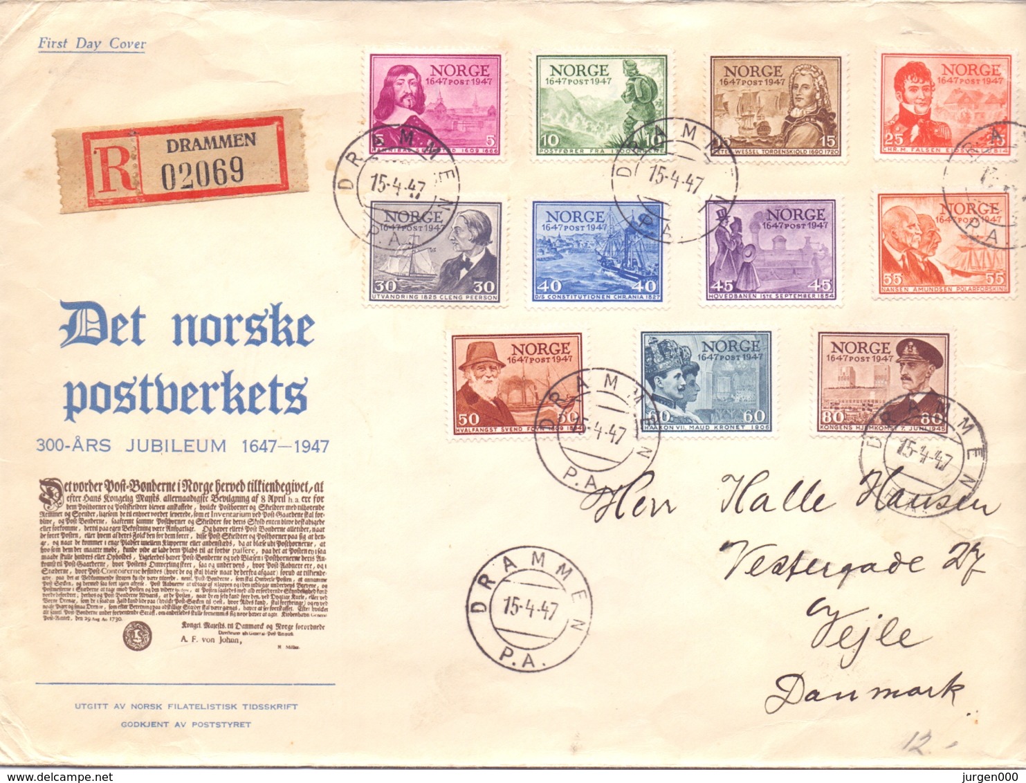 Norge - FDC - 300 Ärs Jubileum Det Norske Postverkets - Drammen 15/4/47    (RM14349) - Poste