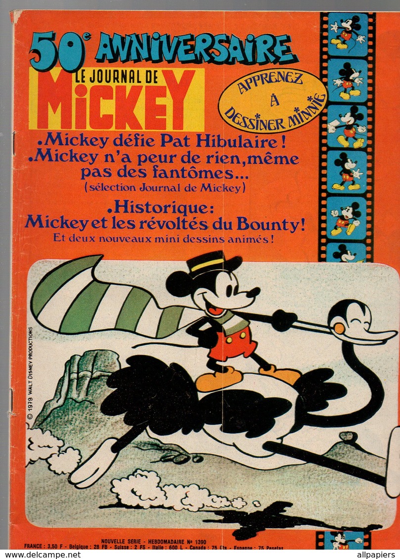 Le Journal De Mickey N°1390 Apprenez à Dessiner Minnie - 50e Anniversaire - Le Sous-marin Pirate - Pim Pam Poum De 1979 - Journal De Mickey