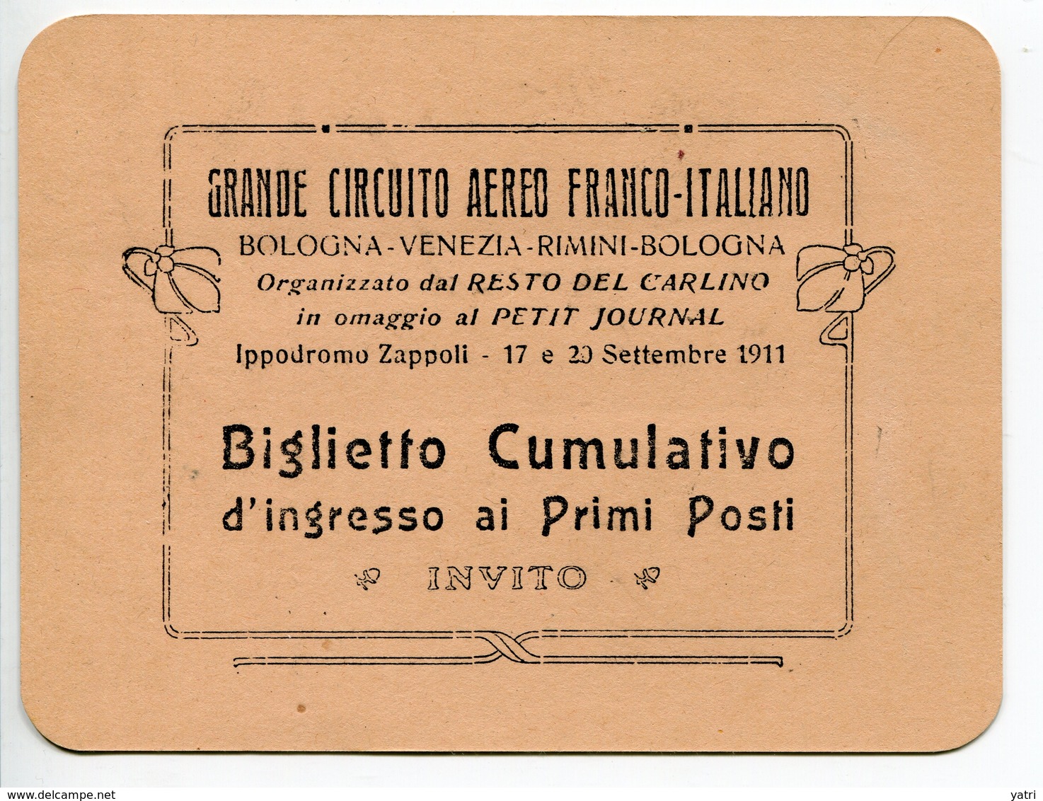 Aerofilatelia Italiana (17-20.9.1911) - Circuito Aereo Di Bologna, Biglietto D'ingresso Ai Primi Posti - Storia Postale (Posta Aerea)