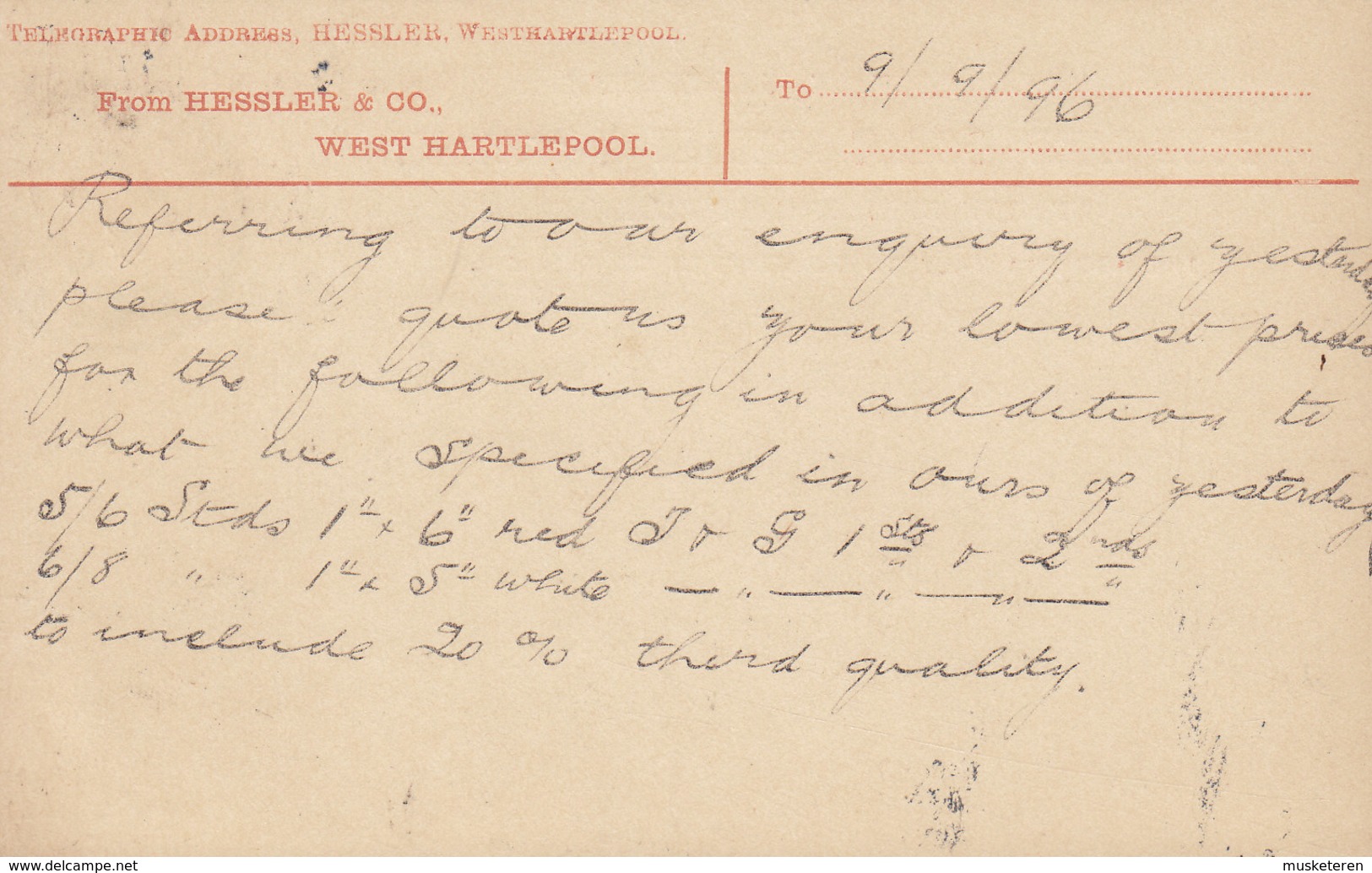 Great Britain Postal Stationery Ganzsache PRIVATE Print HESSLER & Co., WEST HARTLEPOOL 1896 DRAMMEN (Arr.) Norway - Luftpost & Aerogramme