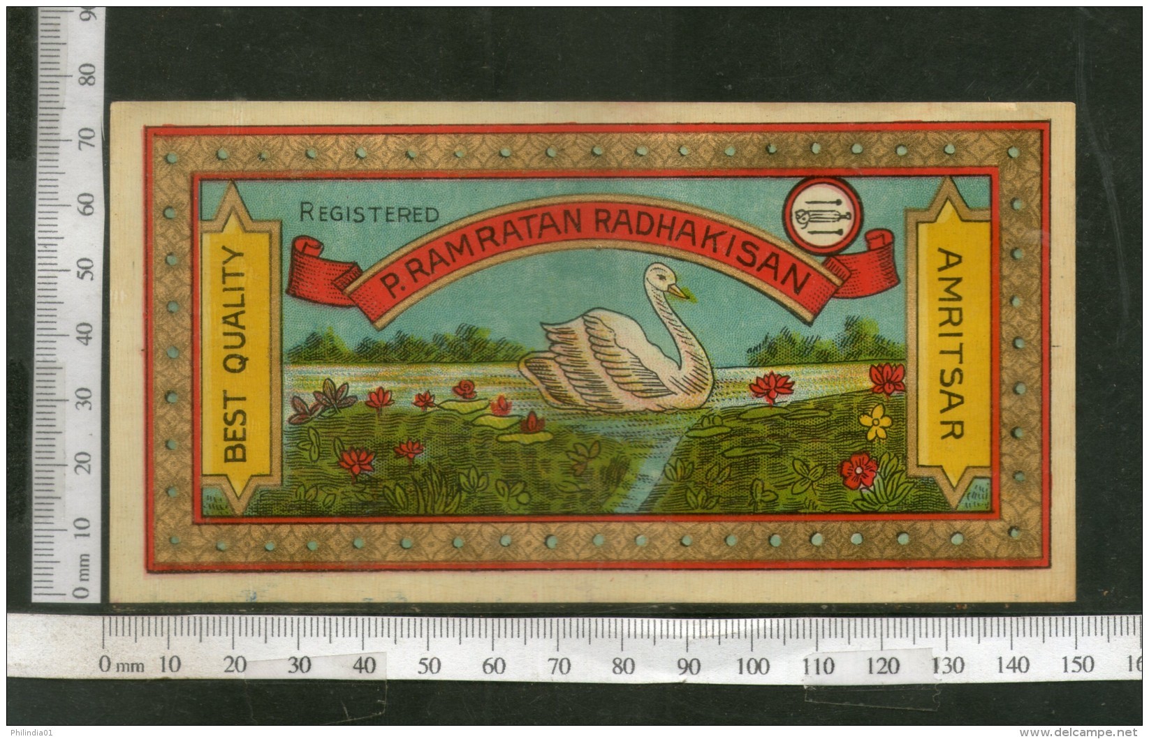 India 1960's Swan &amp; Lotus Brand Dyeing &amp; Chemical Germany Print Label # L28 - Other & Unclassified