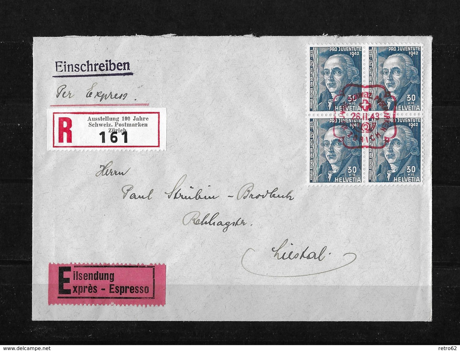 HEIMAT ZÜRICH → Einschreibe-Express-Brief (Ausst.100 Jahre Schw.Briefmarken)  ►SBK-J104 Im Viererblock◄ - Lettres & Documents