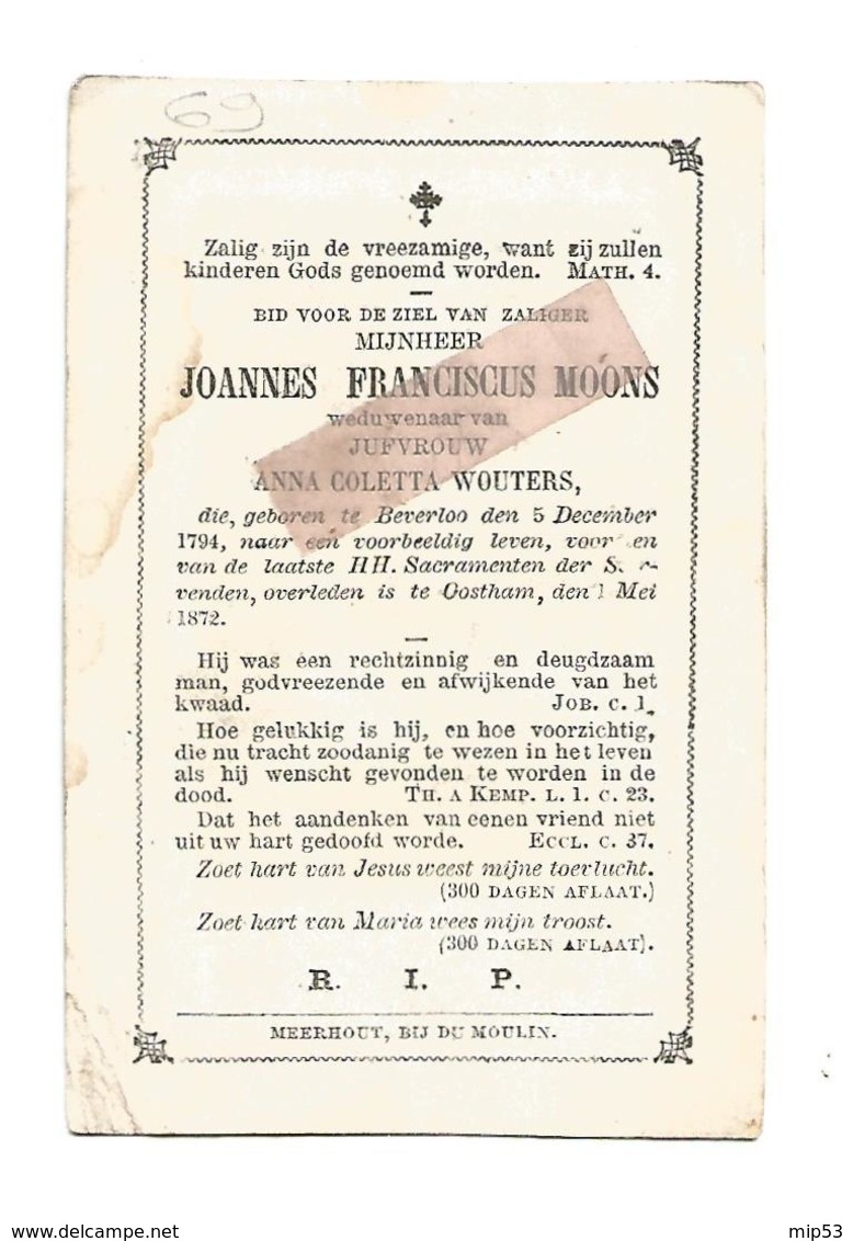 D 775. JOANNES MOONS  Wed. A. Wouters - °BEVERLOO 1794 / + OOSTHAM 1872 - Devotion Images