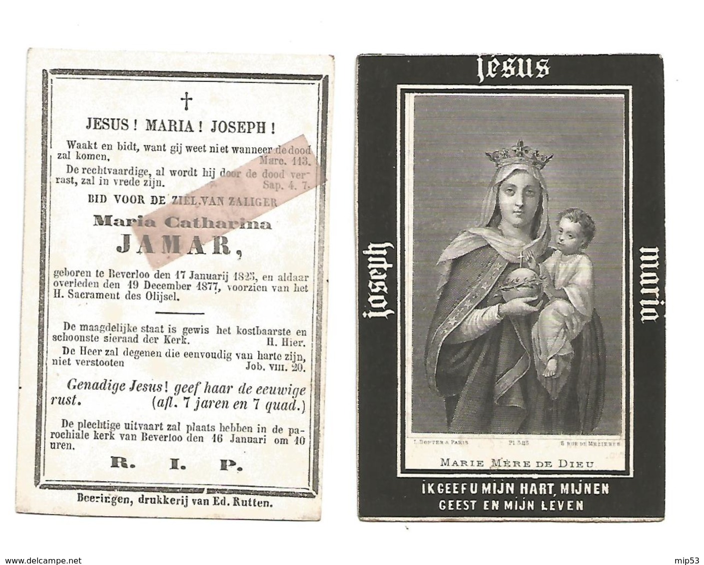 D 777. MARIA CATHARINA  JAMAR - °BEVERLOO 1825 En Aldaar + 1877 - Images Religieuses