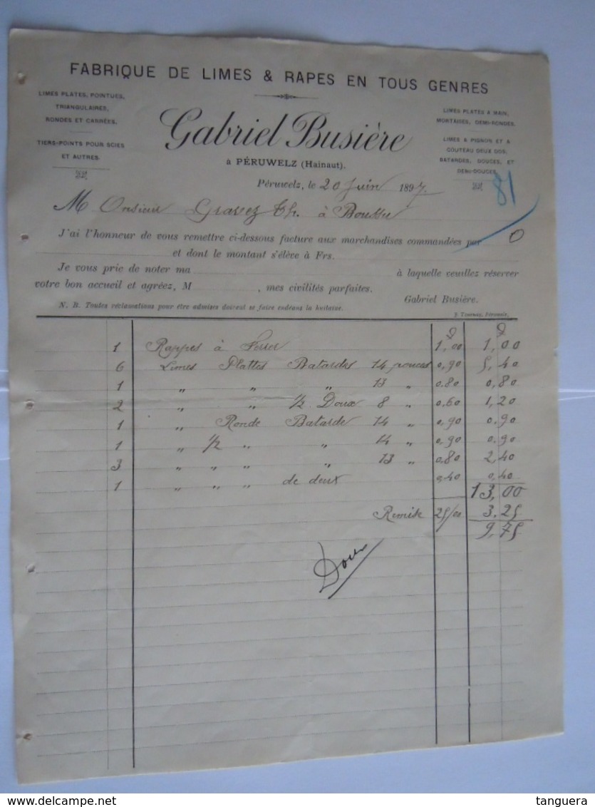 1897 Gabriel Busière Fabrique De Limes & Rapes à Péruwelz Facture Pour Gravez à Boussu - Autres & Non Classés