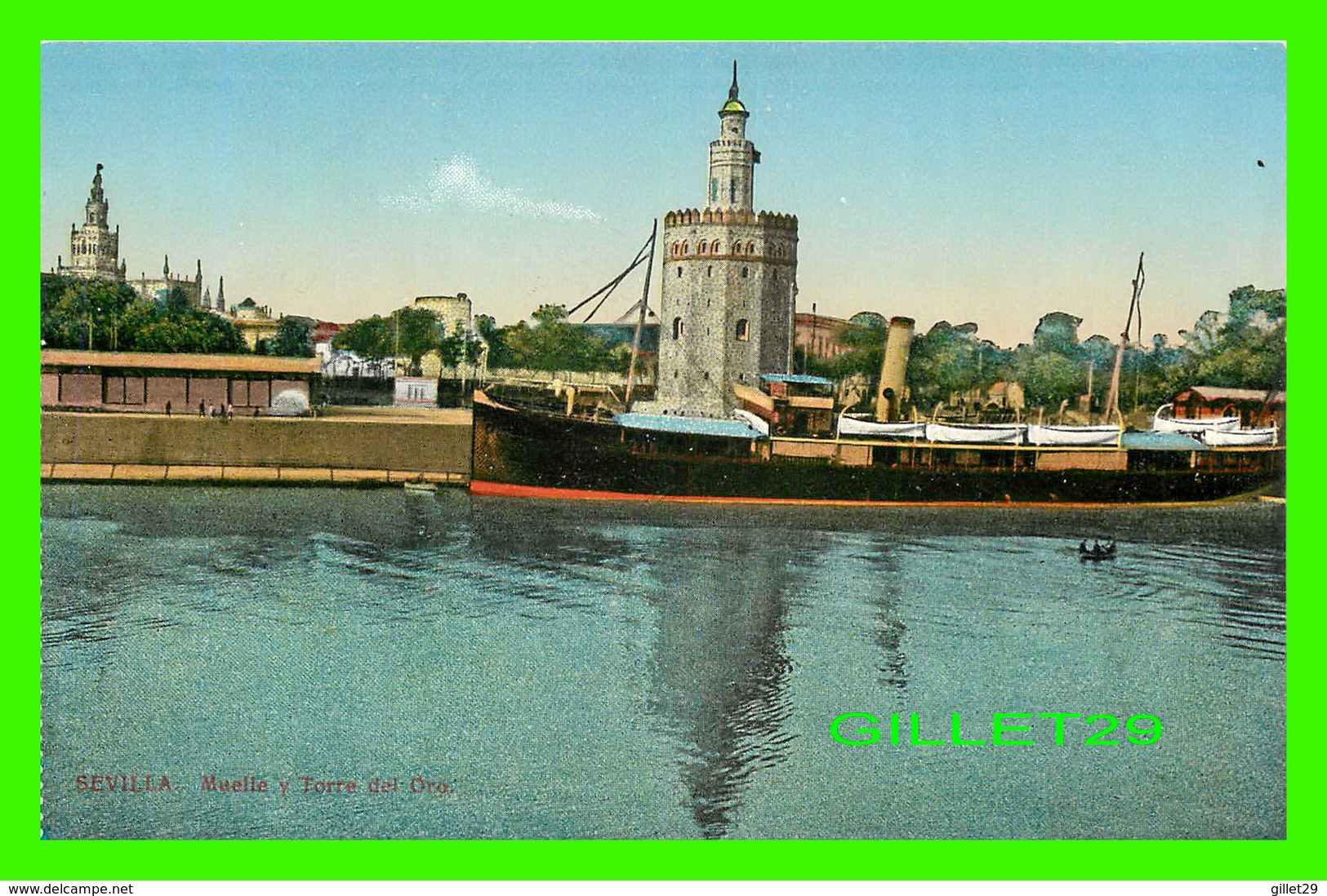 SEVILLA, ESPAGNE - MUELLE Y TORRE DEL ORO - ANIAMTED WITH A SHIP - C. R. S. - - Madrid