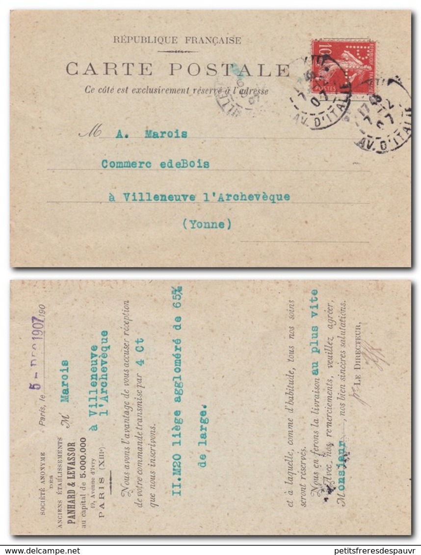 FRANCE - Semeuse 10c YT 135 Perforé PL Sur Carte Postale Panhard & Levassor De Paris Av D'Italie 07/12/1907 - 1877-1920: Semi Modern Period