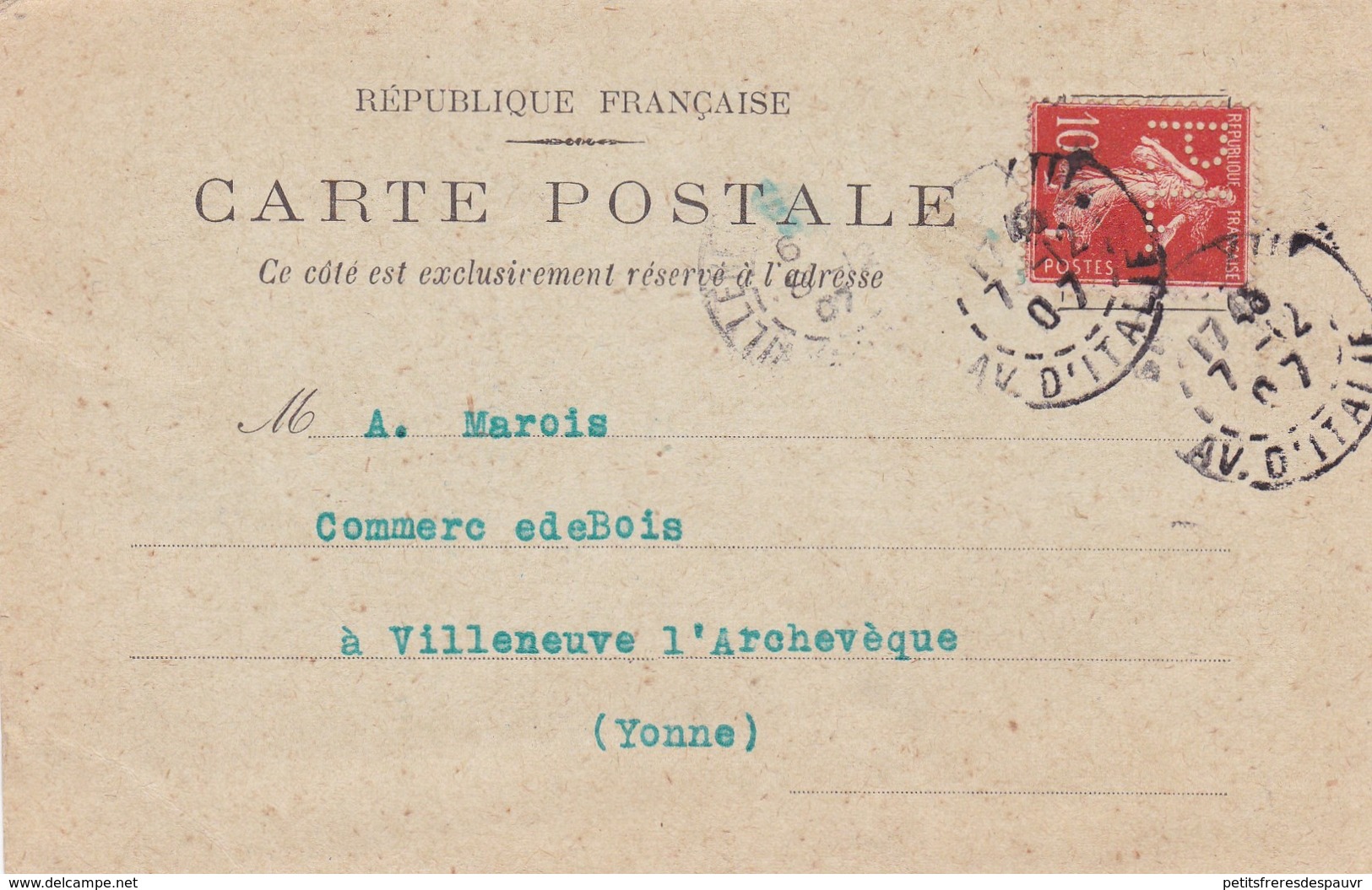 FRANCE - Semeuse 10c YT 135 Perforé PL Sur Carte Postale Panhard & Levassor De Paris Av D'Italie 07/12/1907 - 1877-1920: Semi Modern Period