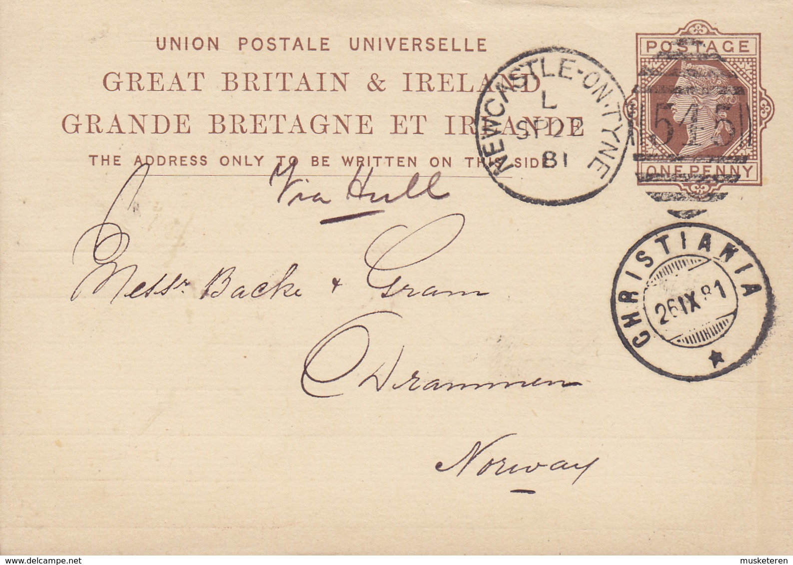 Great Britain Postal Stationery Ganzsache PRIVATE Print J. H. HANCOCK, NEWCASTLE-ON-TYNE 1881 Drammen CHRISTIANIA (Arr.) - Storia Postale