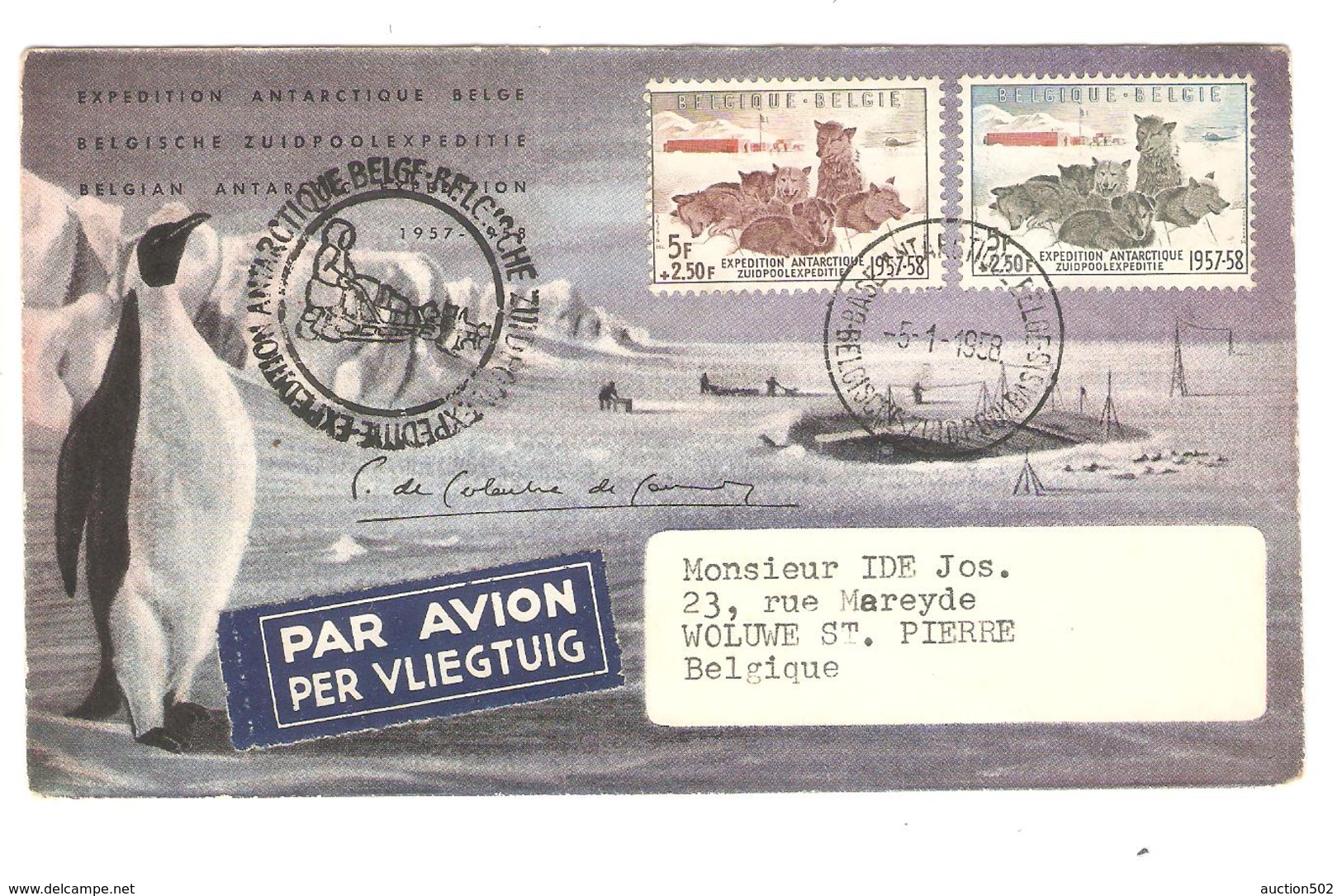 PR6533/ TP 1030/1031 Chiens Surtaxe S/L.Avion Expédition Antarctique Belge C.5/1/1958 V.Woluwé St.Pierre C.d'arrivée BXL - Expéditions Antarctiques