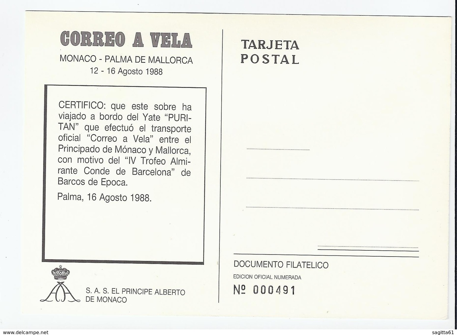 1988 MONACO Correo A Vela Palma De Mallorca - Gebruikt