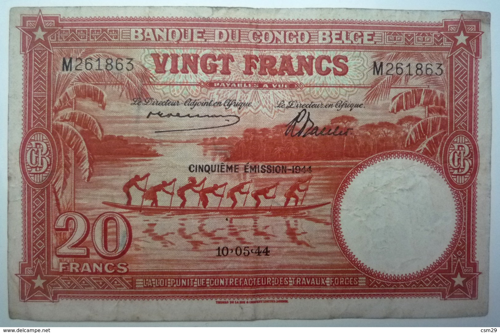 Billet - Congo Belge, 20 Francs Type 1941-50, Cinquième Émission - 1944 - Bank Belg. Kongo