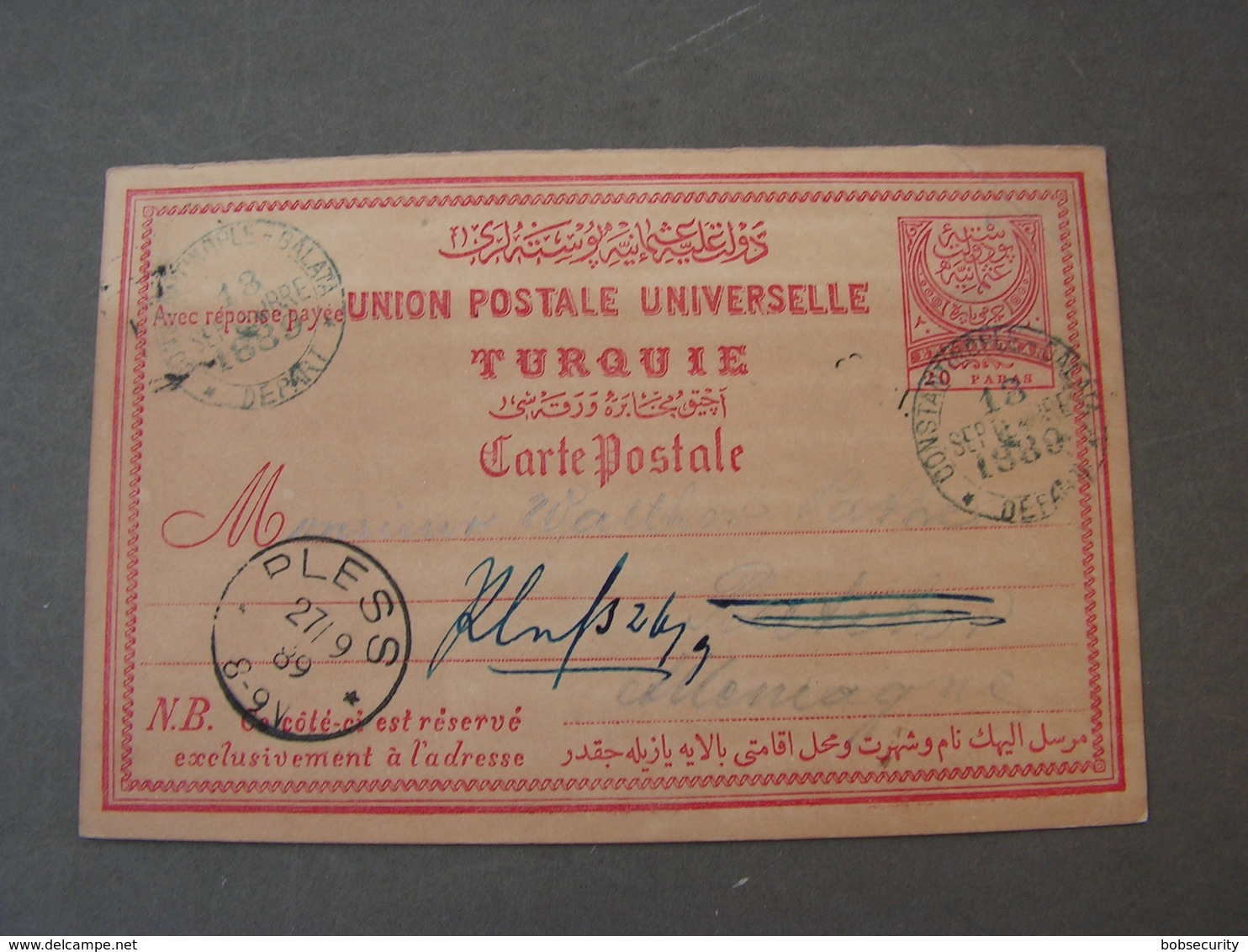 Türkei Alte Karte 1889 Blau Cds .nach Pless - Postal Stationery