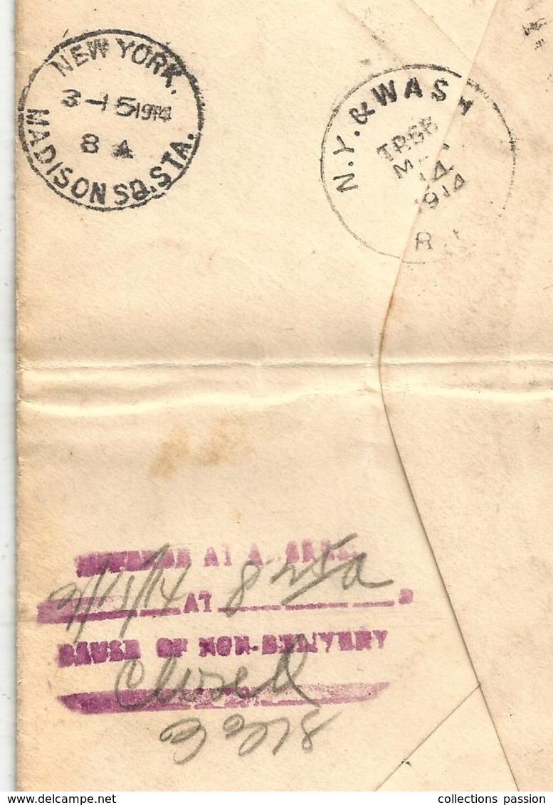 Lettre ,  ETATS UNIS ,  WASHINGTON , 1914 , NEW YORK , Madison SQ. STA. , N.Y. & WASH., NON DELIVERY, Frais Fr 1.55e - Lettres & Documents