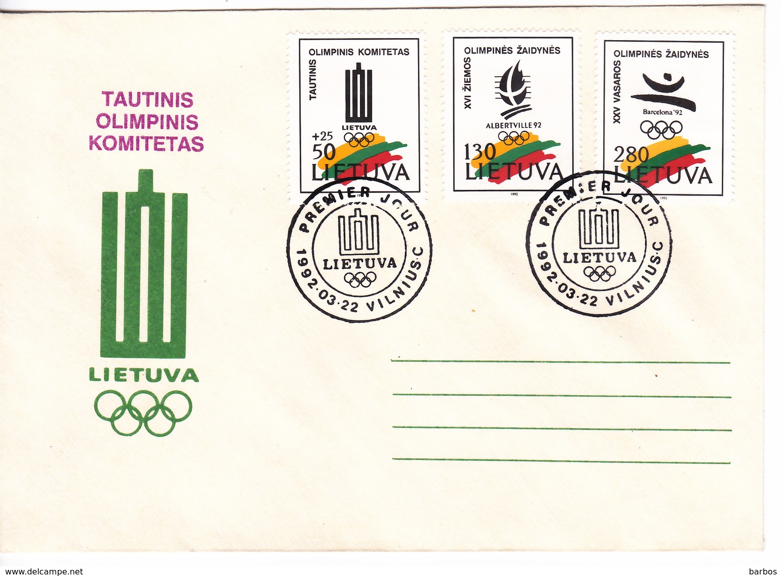 Lituanie   Lietuva 1992  Olimpiade Albertville FDC - Lithuania