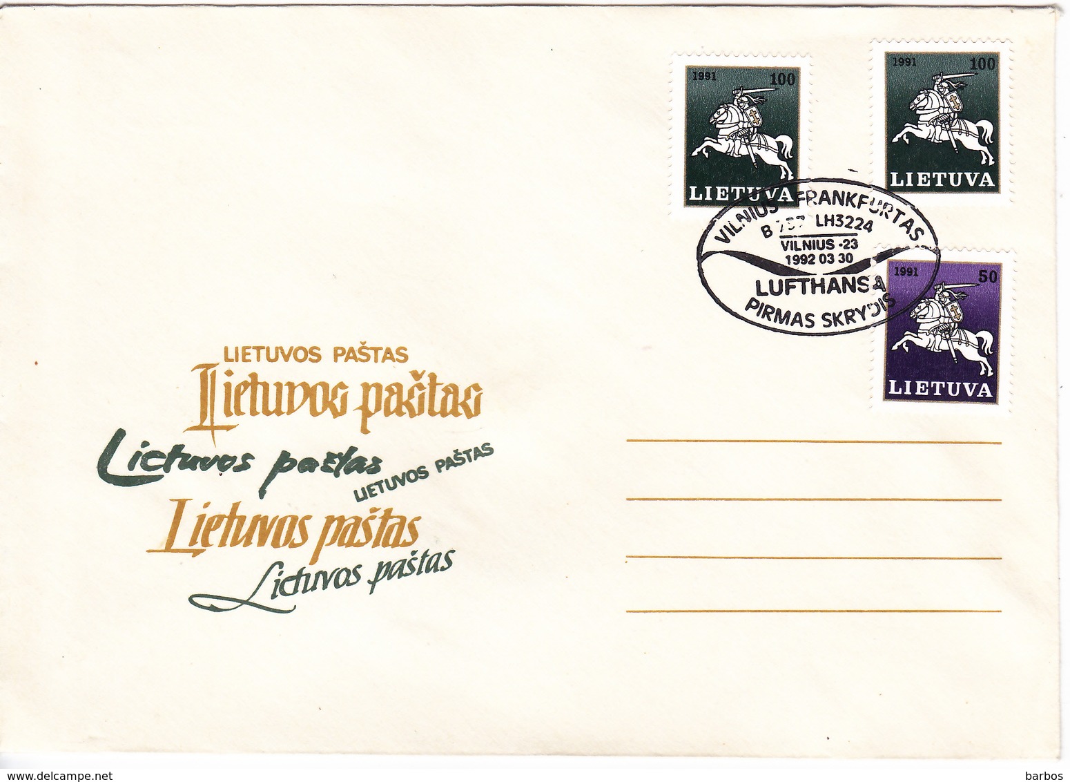 Lituanie   Lietuva 1992 , Vilnius - Frankfurt Lufthansa  , Special Cancell - Lituania