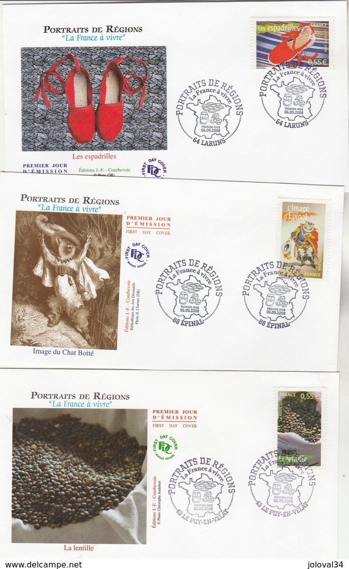 France Lot 10 Enveloppes  FDC 2008 Yvert  Série 4260 à 4269 Portraits De Régions La France à Vivre - 3 Scan - 2000-2009