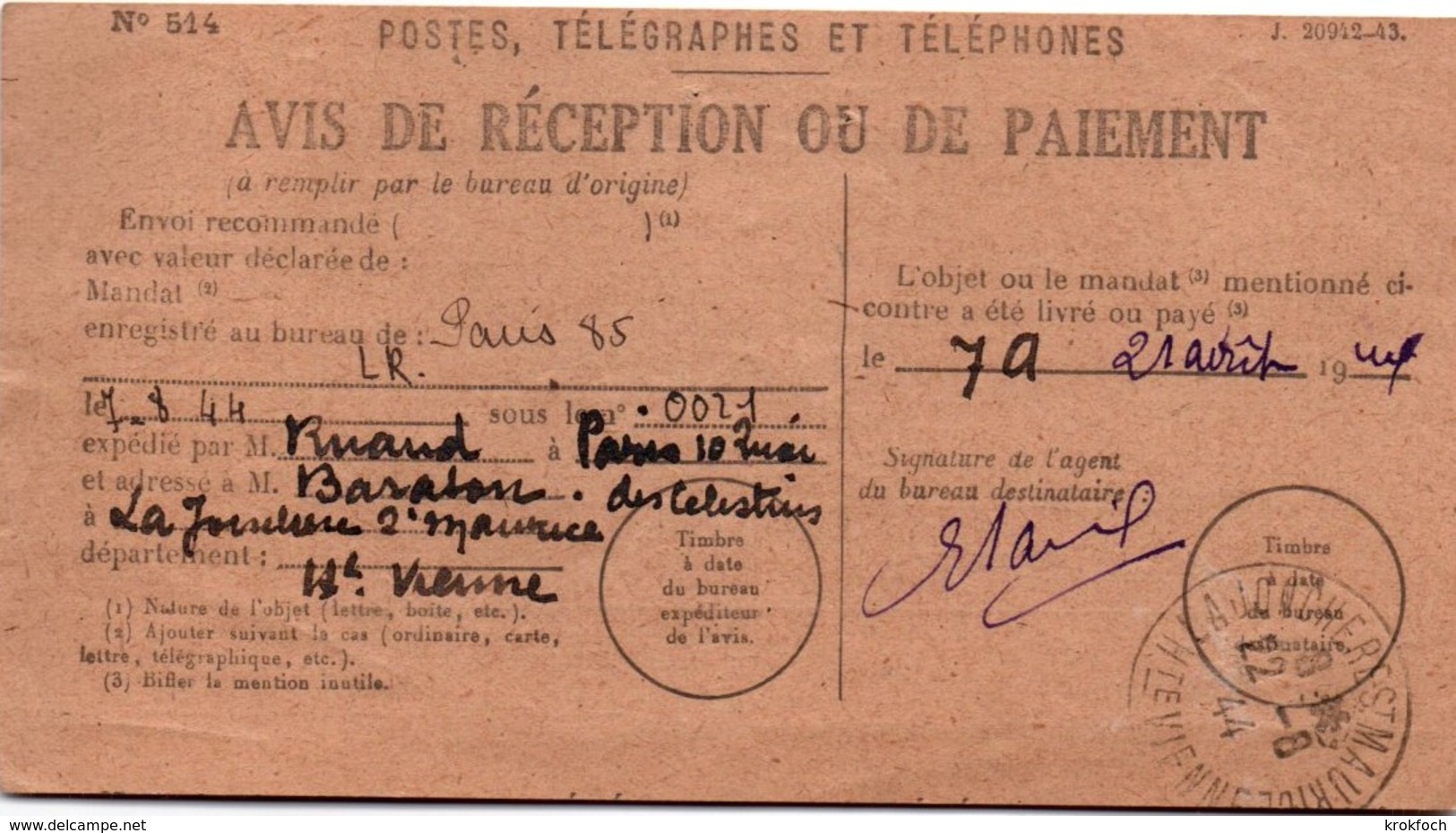 PTT 1944 - Avis De Réception Ou De Paiement - Scan Recto-verso - Paris & La Jonchères St-Maurice Sur Pétain - 1921-1960: Modern Period