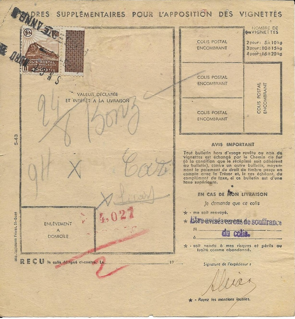 Bulletin D'expédition De Colis Postaux - N° 074633 Avec Timbres N° 204 X 2 -- 26-05-19 - Autres & Non Classés