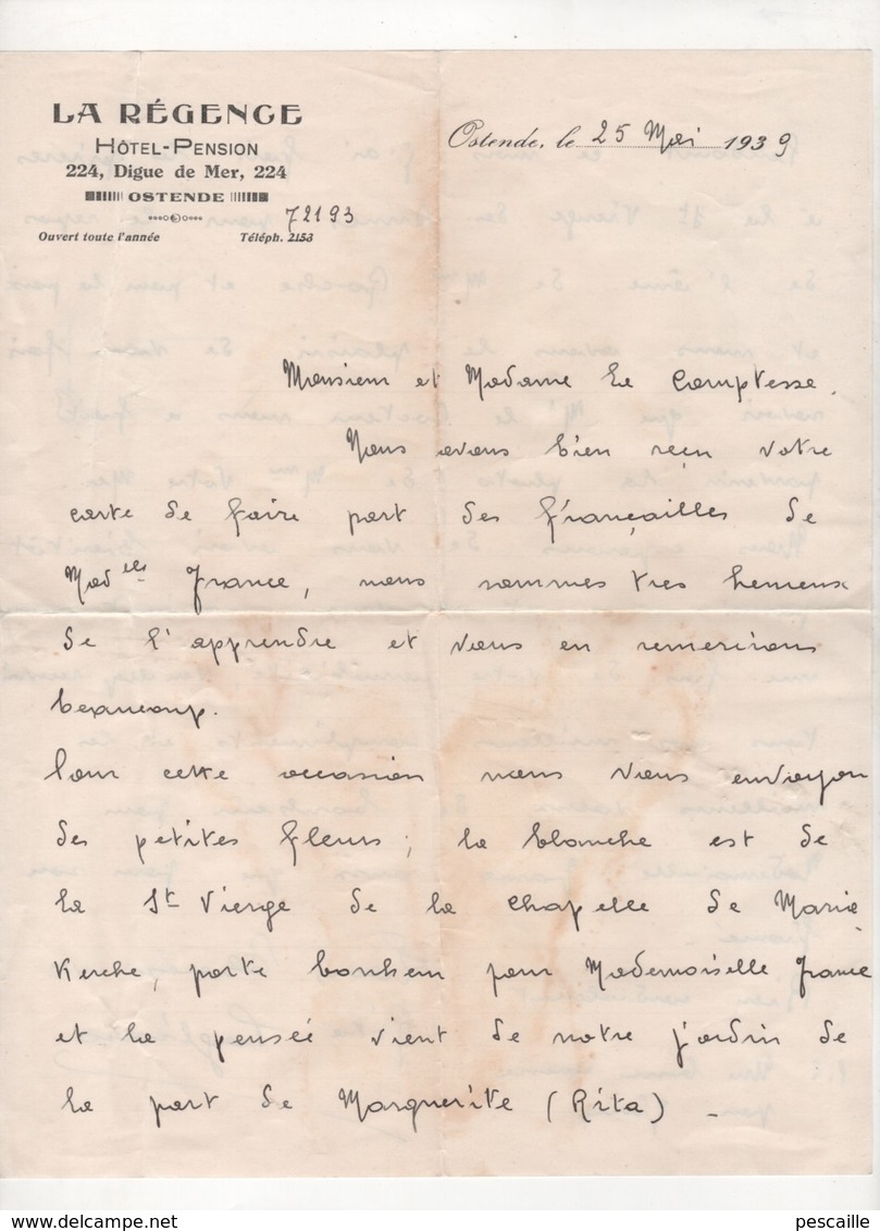 LETTRE DATEE DE 1939 SUR PAPIER EN-TETE DE L'HOTEL PENSION LA REGENCE 224 DIGUE DE MER A OSTENDE -( OOSTENDE ) - Manuscrits