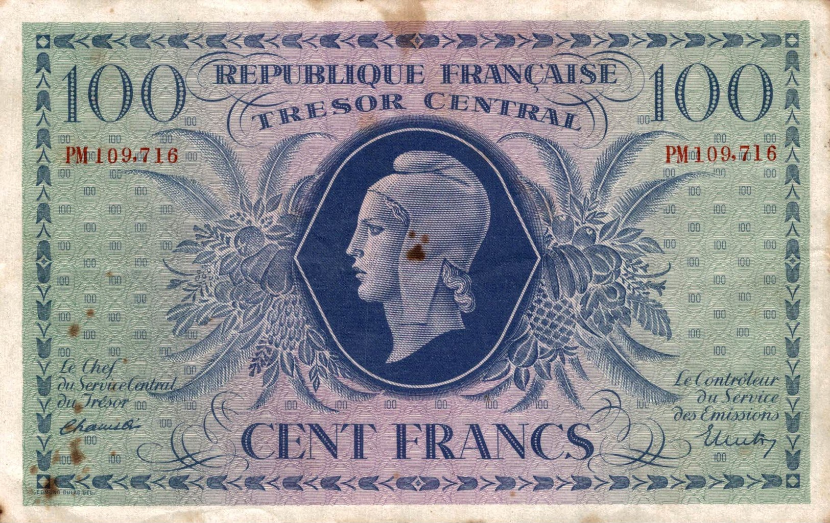 7353-2019    BILLET 100 F TRESOR CENTRAL 1943 - 1943-1945 Marianne