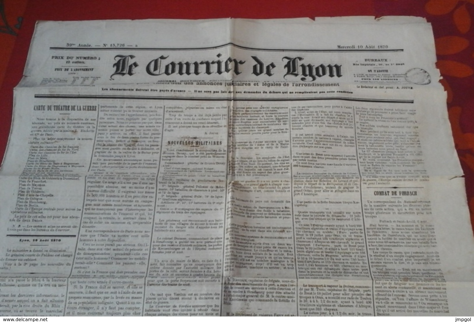 Journal Le Courrier De Lyon 10 Août 1870 Nouvelles Militaires De La Guerre Combat De Forbach - 1850 - 1899