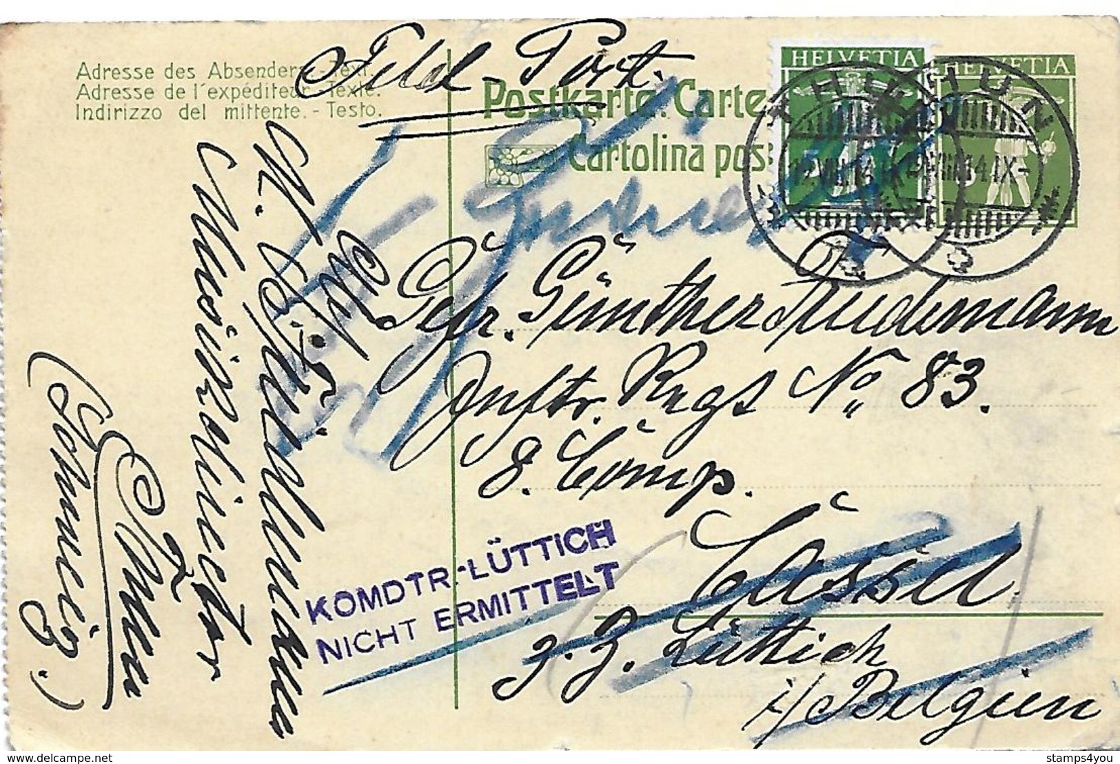 8 - 17 - Entier Postal Envoyé En Belgique - Cachetcensure "Komdtr-Lüttich Nicht Ermittelt" 1914 - Stamped Stationery