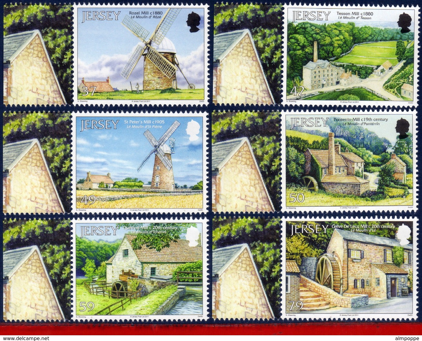 Ref. JE-V2011-1 JERSEY 2011 ARCHITECTURE, MILLS - SET MNH 6V - Windmills