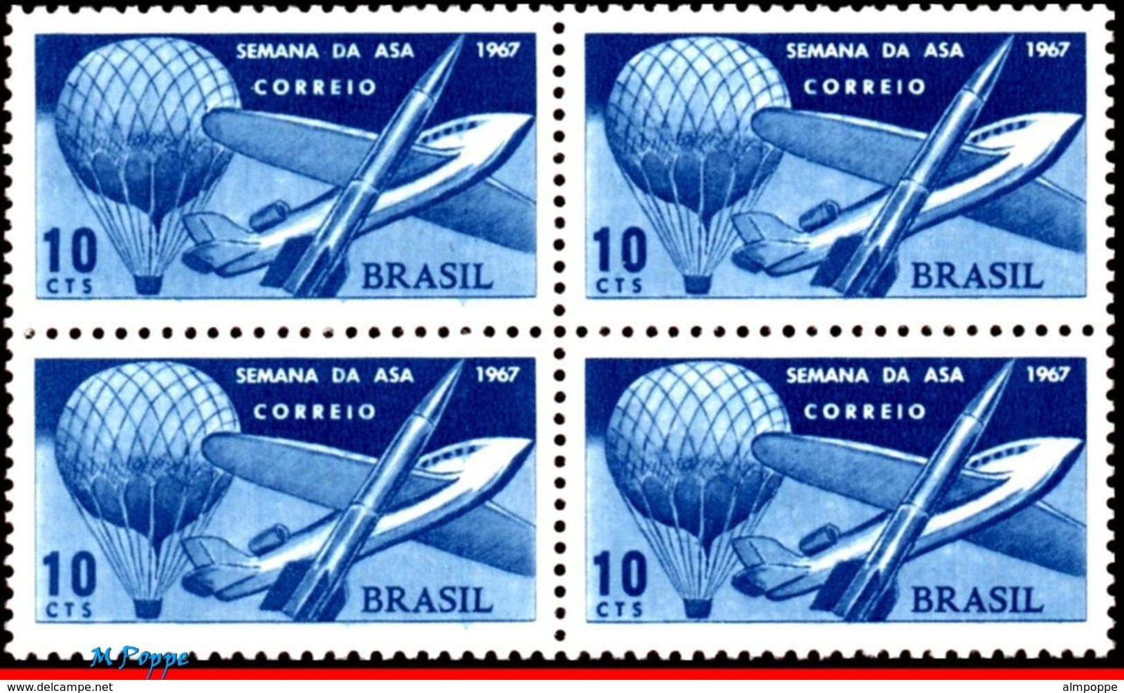 Ref. BR-1062-Q BRAZIL 1967 PLANES, AVIATION, WEEK OF THE WING, PLANE,, BALLOON AND ROCKET, BLOCK MNH 4V Sc# 1062 - Amérique Du Sud