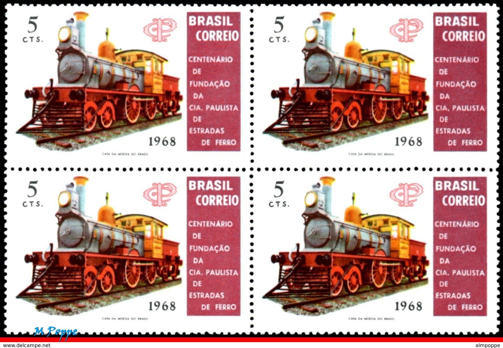 Ref. BR-1109-Q BRAZIL 1968 RAILWAYS, TRAINS, CENT.OF THE SAO PAULO, RAILROAD, OLD LOCOMOTIVE, BLOCK MNH 4V Sc# 1109 - Trains