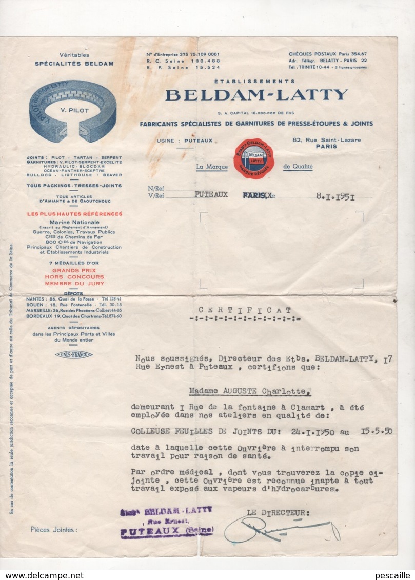 CERTIFICAT DE TRAVAIL ETABLISSEMENTS BELDAM-LATTY PUTEAUX / PARIS - GARNITURES DE PRESSE-ETOUPES & JOINTS - 1951 - Artesanos