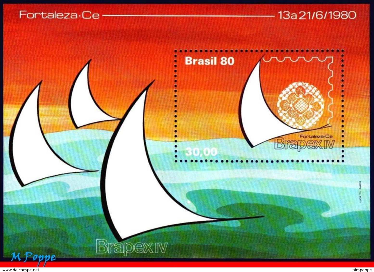 Ref. BR-1701 BRAZIL 1980 PHILATELIC EXHIBITION, YACHT SAIL, BRAPEX IV,, SHIPS & BOATS, MI# B42, MNH 1V Sc# 1701 - Schiffe
