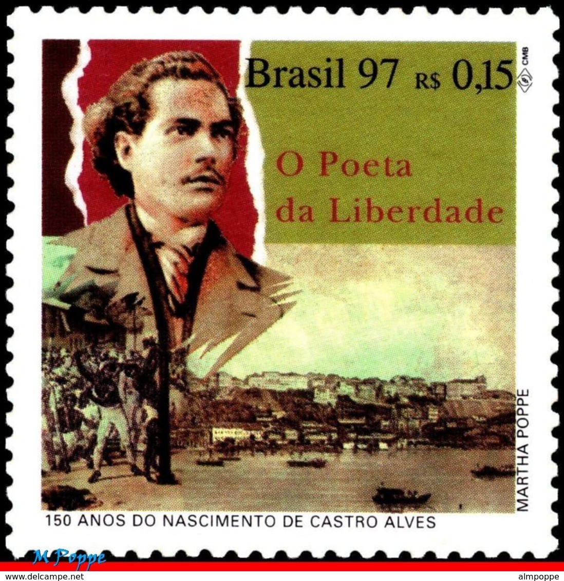 Ref. BR-2615 BRAZIL 1997 - ANTONIO DE CASTRO ALVES,, THE POET OF FREEDOM, MI# 2736, MNH, FAMOUS PEOPLE 1V Sc# 2615 - Escritores