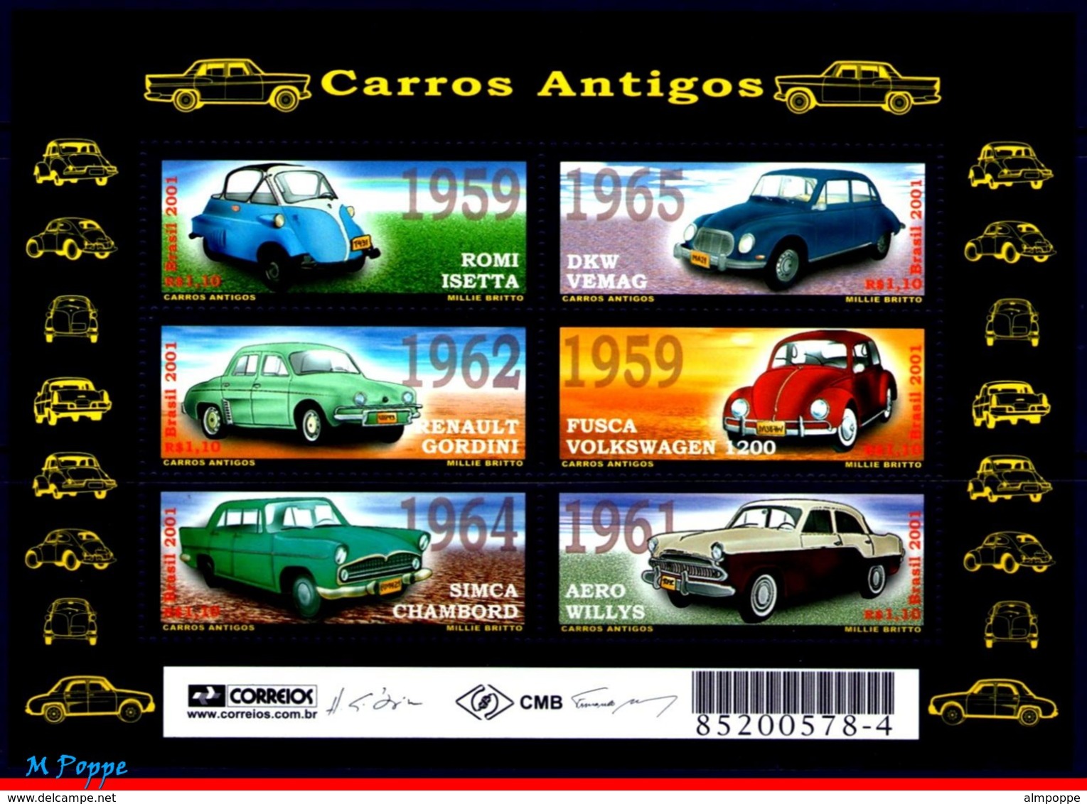 Ref. BR-2802 BRAZIL 2001 - ANTIQUE CARS,, MI# 3158-63, S/S MNH, AUTOMOBILES 6V Sc# 2802 - Neufs