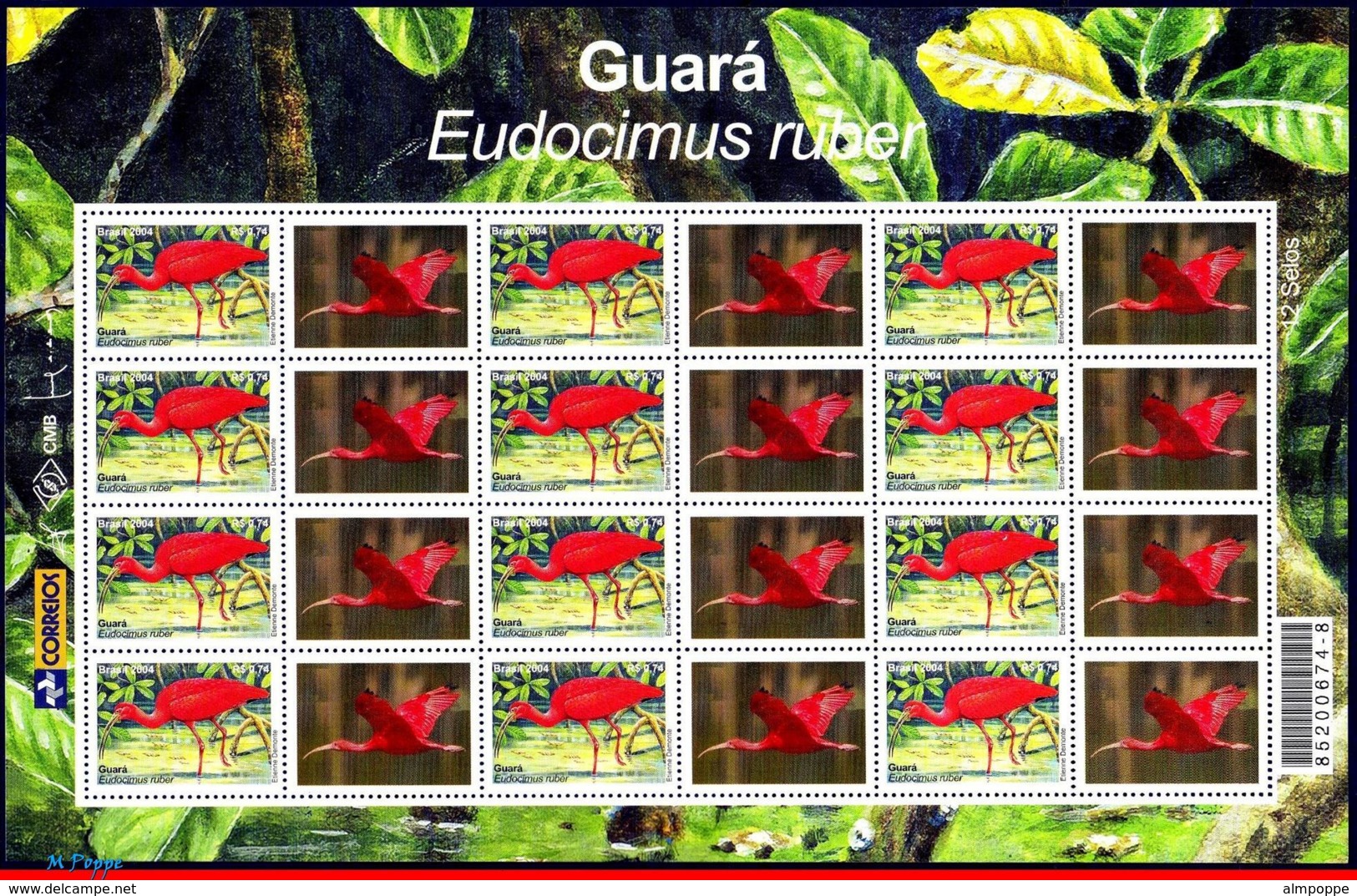 Ref. BR-2921A-2-FO BRAZIL 2004 ANIMALS, FAUNA, MANED, BIRDS,, SHEET PERSONALIZED MNH 12V Sc# 2921A - Personalized Stamps